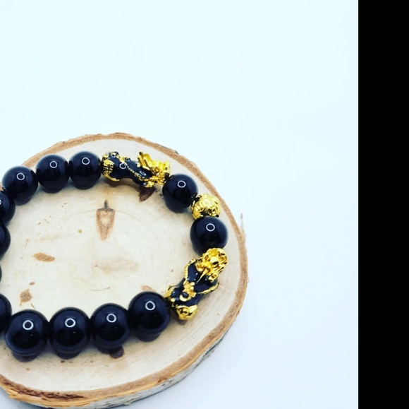 Black Obsidian Double Pixiu Unisex bracelet 12 mm - Picture 2 of 5